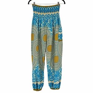 Women's Boho Harem Pants Blue Mustard Mandala Floral Smocked Waist Festival S/M
